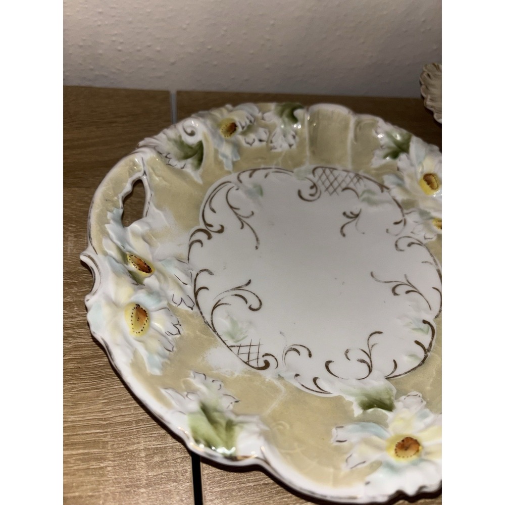 Pair Antique Victorian Hand Painted Porcelain Handled Cake Server Plates Floral - Picture 6 of 16